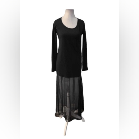 Black Long Sleeve Maxi Dress with Chiffon Transparent Skirt - Picture 3 of 7
